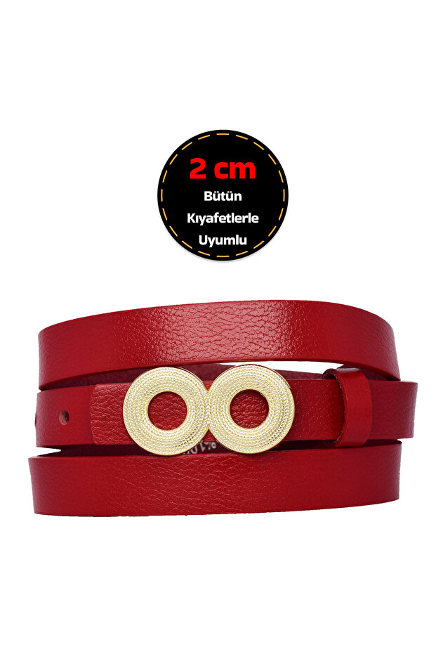 100% Genuine Leather, Thin 2 cm Red Women's Belt with Gold Color Buckle; Dress, Trouser Belt Göz.Oval