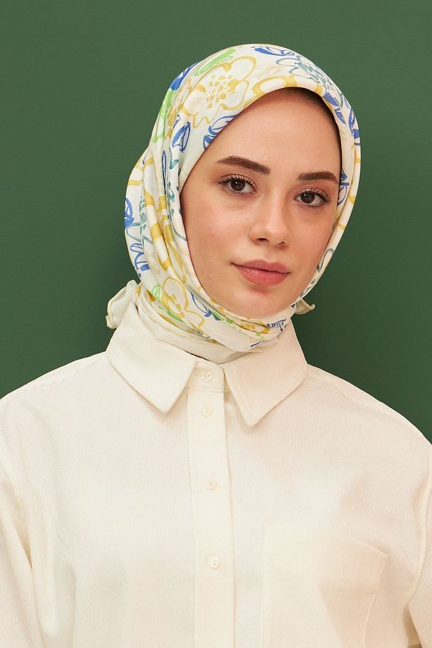 Pastel Mavi Sarı Pamuk Viskon Eşarp Modeli - 1