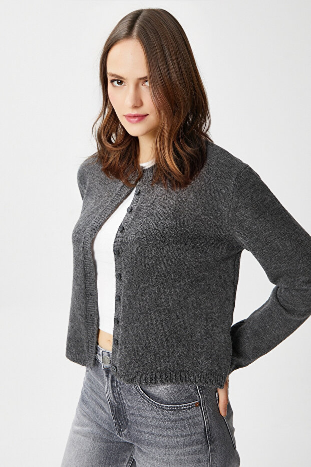 Kadın Nina Bisiklet Yaka Antrasit Basic Hırka - 8