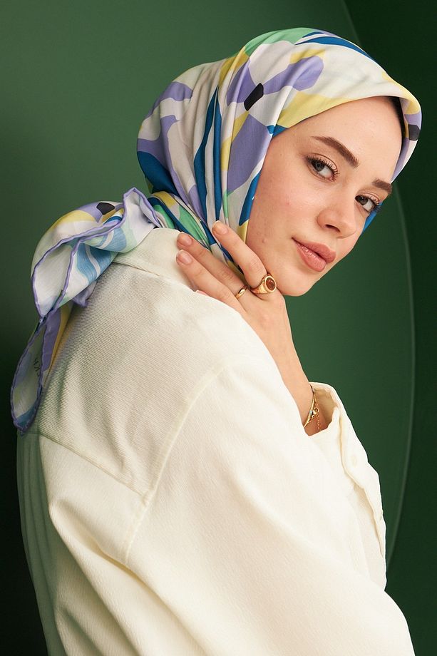 Daphne Mavi Mor Pamuk Viskon Eşarp Modeli - 5