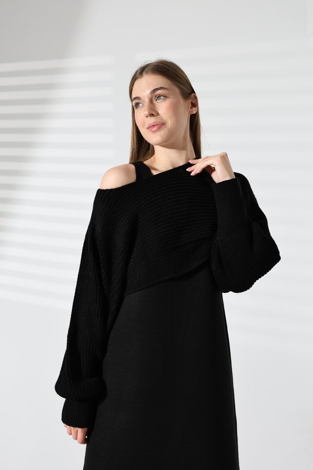 Boat Neck Bat Sleeve Thessaloniki Knitted Short Sweater U-Neck Loose Ankle-Length Dress Two-Piece Knitwear Set