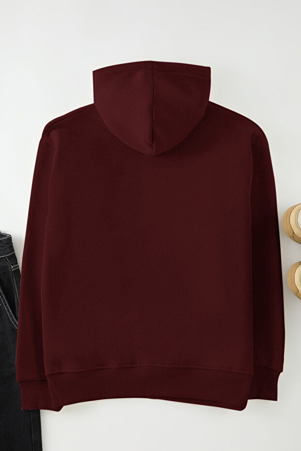 Bordo Unısex Oversize Ayıcık Baskılı İçi Polar/Sıcak Tutan Kapüşonlu Sweatshirt TMNAW25SW00210 - 4