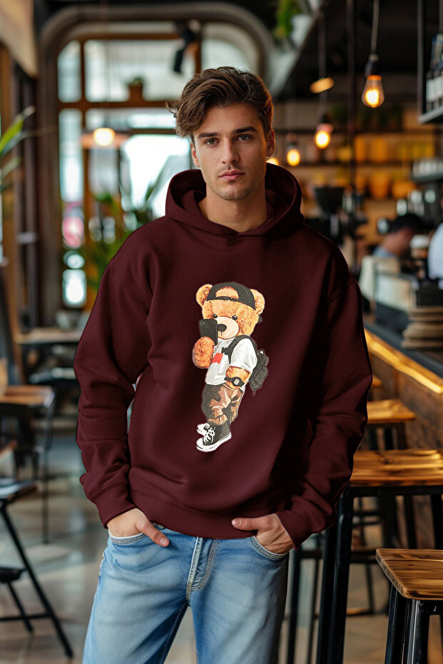 Bordo Unısex Oversize Ayıcık Baskılı İçi Polar/Sıcak Tutan Kapüşonlu Sweatshirt TMNAW25SW00210 - 1
