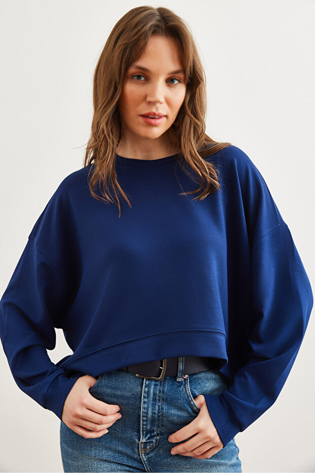 Women's Navy Blue Modal Texture Premium Oversize Flowy Sweatshirt Swt- 19000713