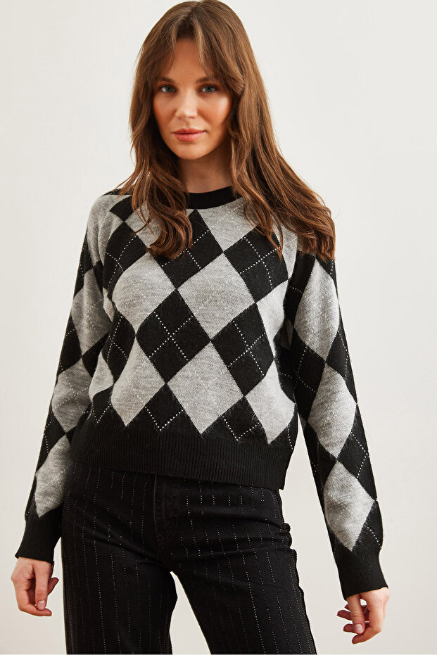 Women's Smoked Diamond Patterned Raster Sweater Kzk- 19000933