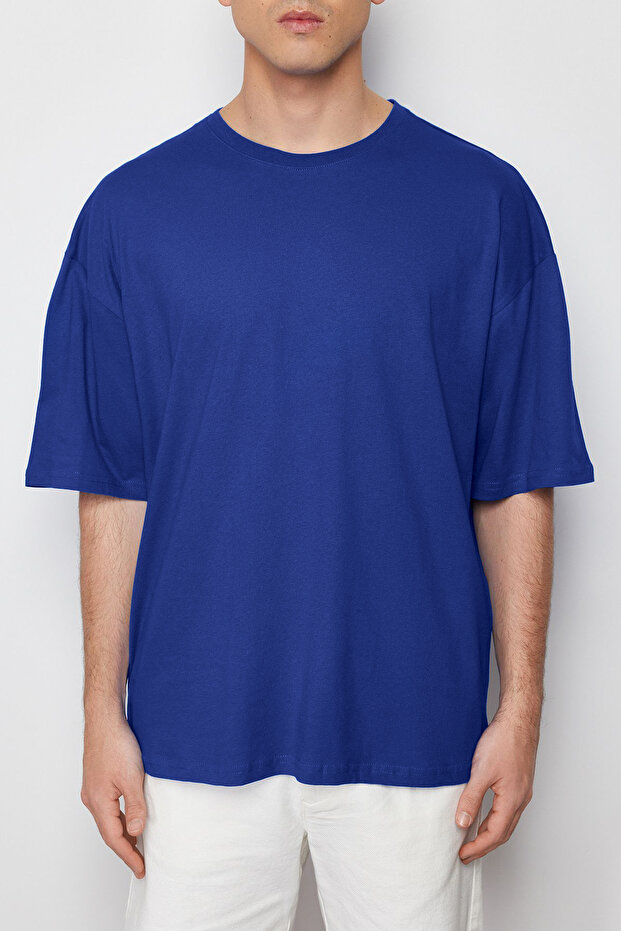 Mavi Oversize/Geniş Kesim %100 Pamuklu Kısa Kollu Basic T-Shirt TMNSS22TS0318 - 4