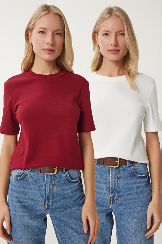 Women's Burgundy White 2-Pack Cotton Basic Knitted T-Shirt Ag00002