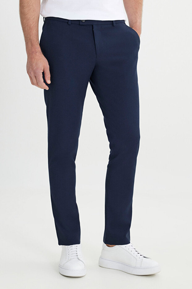 Erkek Lacivert Slim Fit İtalyan Kesim Yan Cepli Esnek Casual Pantolon - 1