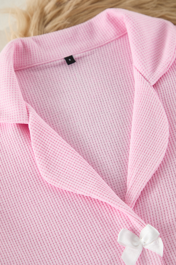 Pembe Kurdele/Fiyonk Detaylı Waffle Kumaş Şortlu Örme Pijama Takımı THMSS25PT00014 - 8