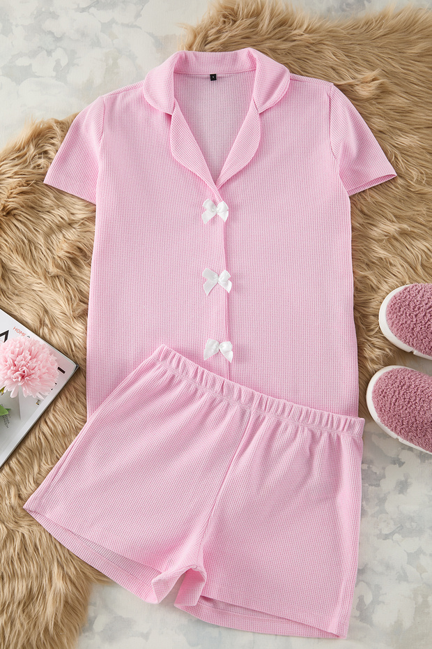 Pembe Kurdele/Fiyonk Detaylı Waffle Kumaş Şortlu Örme Pijama Takımı THMSS25PT00014 - 6