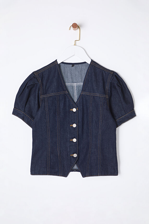 Koyu Mavi Kısa Balon Kollu V Yaka Denim Bluz TWOSS25BZ00000 - 6