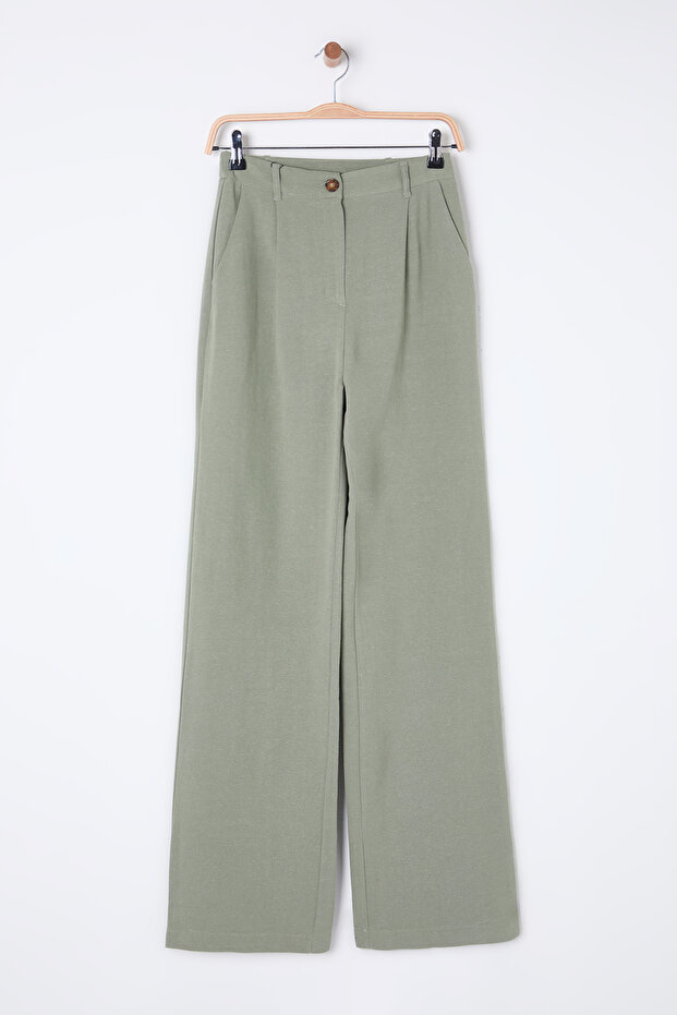Haki Keten Görünümlü Wide Leg/Geniş Paça Dokuma Pantolon TWOSS25PL00018 - 6