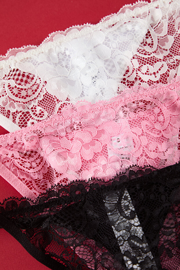 Siyah-Pembe-Beyaz 3'lü Paket Dantel Tanga Örme Külot THMSS25KU00006 - 4