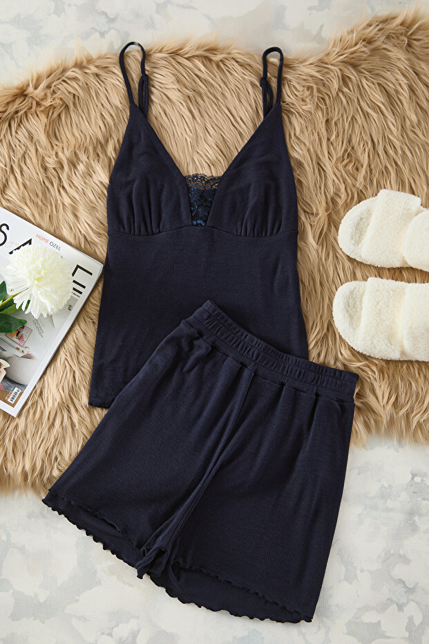 Lacivert Pamuklu Dantel Detaylı İp Askılı Fitilli Şortlu Örme Pijama Takımı THMSS25PT00078 - 6
