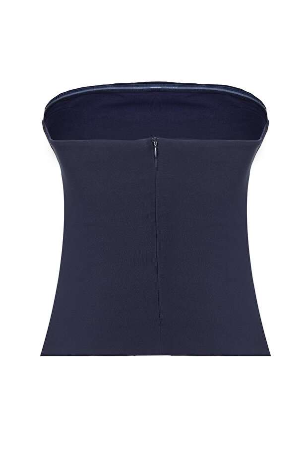 Koyu Lacivert Straplez Fitted Drapeli Dokuma Dokuma Bluz TWOSS24BZ00348 - 8