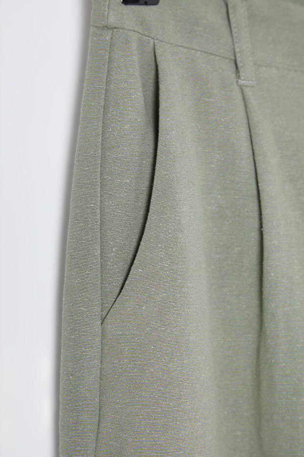 Haki Keten Görünümlü Wide Leg/Geniş Paça Dokuma Pantolon TWOSS25PL00018 - 7