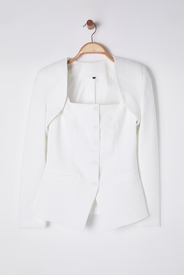Beyaz Bolero Detaylı Dokuma Blazer Ceket TWOSS24BC00019 - 6