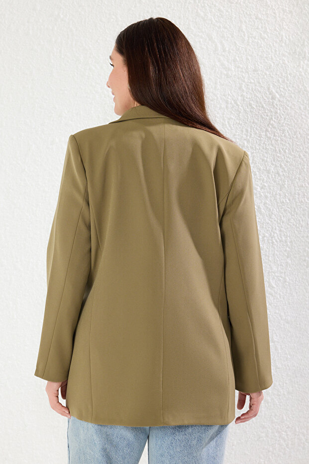 Açık Haki Regular Astarlı Kruvaze Kapama Dokuma Büyük Beden Blazer Ceket TBBAW25AG00022 - 5