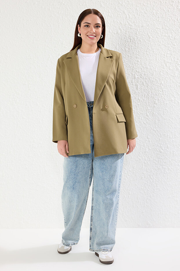 Açık Haki Regular Astarlı Kruvaze Kapama Dokuma Büyük Beden Blazer Ceket TBBAW25AG00022 - 1