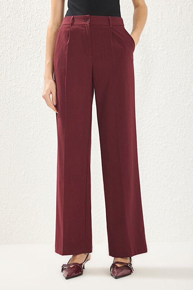 Bordo Pilili Wide Leg/Geniş Paça Dokuma Pantolon TWOAW25PL00113 - 3
