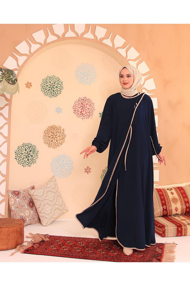 Elif Vav Nakışlı Çıtçıtlı Ferace Lacivert - 3