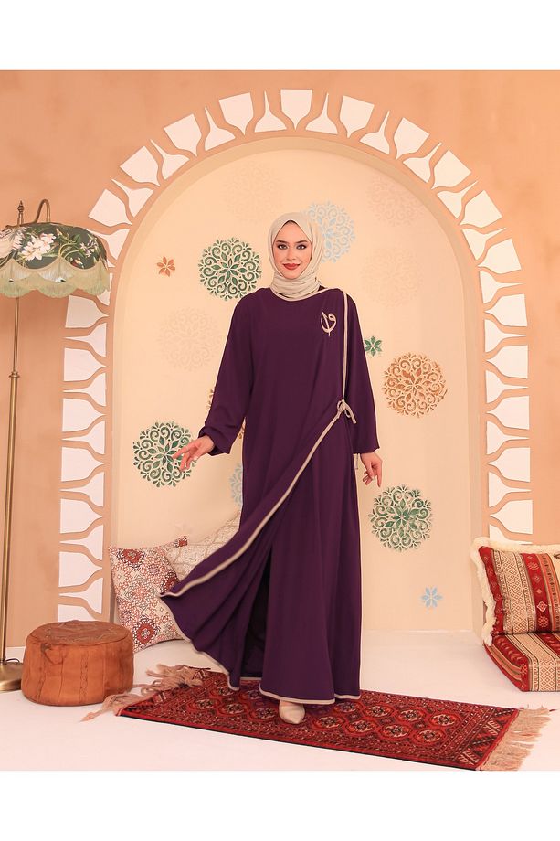 Elif Vav Nakışlı Çıtçıtlı Ferace Mor - 5