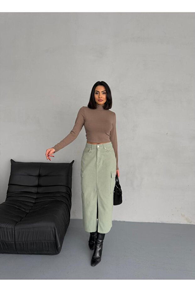 KARGO CEPLİ ÖN YIRTMAÇLI GREEN DENIM ETEK - 1