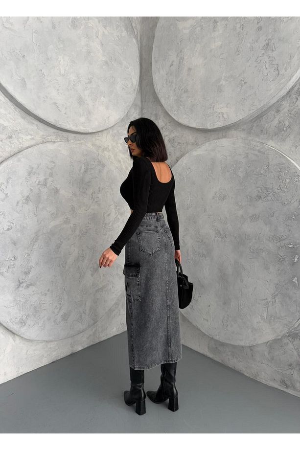 KARGO CEPLİ ÖN YIRTMAÇLI YIKAMALI DENIM ETEK - 6