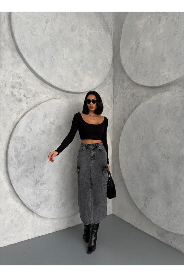 KARGO CEPLİ ÖN YIRTMAÇLI YIKAMALI DENIM ETEK - 4
