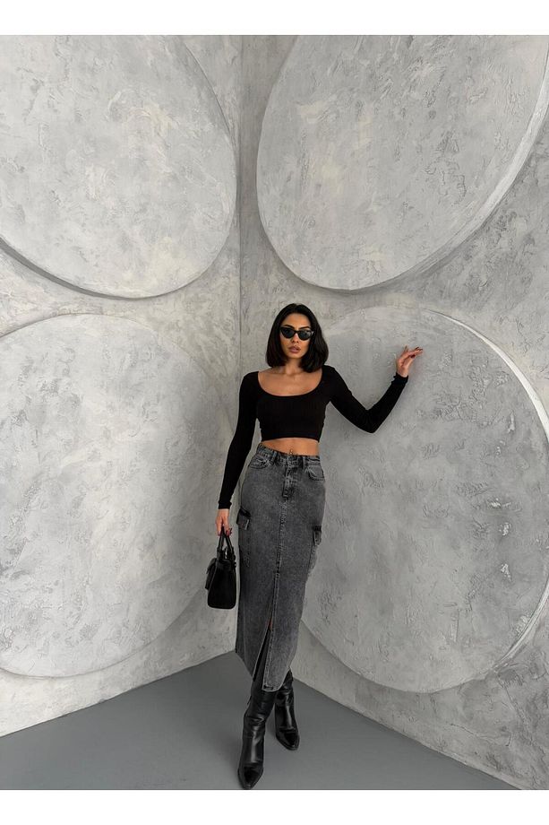 KARGO CEPLİ ÖN YIRTMAÇLI YIKAMALI DENIM ETEK - 1