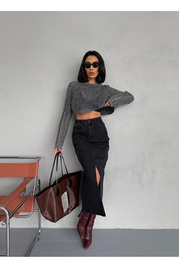 FUSTA DENIM AFUMAT CU BLOC DE MARFĂ ȘI BUMBAC - 5