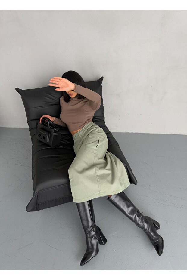 KARGO CEPLİ ÖN YIRTMAÇLI GREEN DENIM ETEK - 3