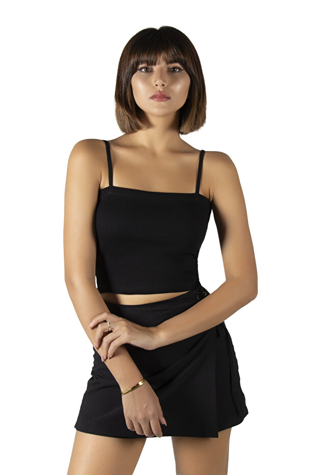 Black Rope Strap Fitted Crop Top Undershirt - 1