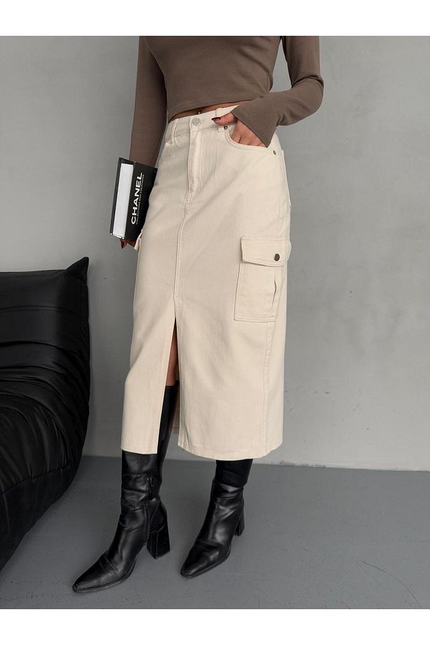 KARGO CEPLİ ÖN YIRTMAÇLI BEJ DENIM ETEK - 6
