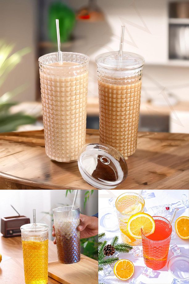 Pask Kapaklı ve Cam Pipetli Cam Bardak, Yüksek Borosilikat Cam Bardak Buzlu Kahve  Soda Su 1 ADET - 1