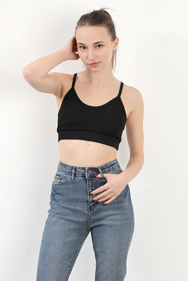 Women's Strappy Ribbed Fleto Slim Fit Bustier Black - 9027
