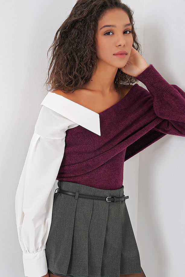 15916 Gömlek Detaylı Triko Bluz Kazak - Bordo - 4