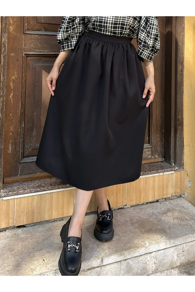 Black Crepe Gathered Waist Midi Skirt