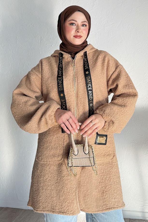 Kapüşonlu Buklet Kaşe Camel Kap - 1