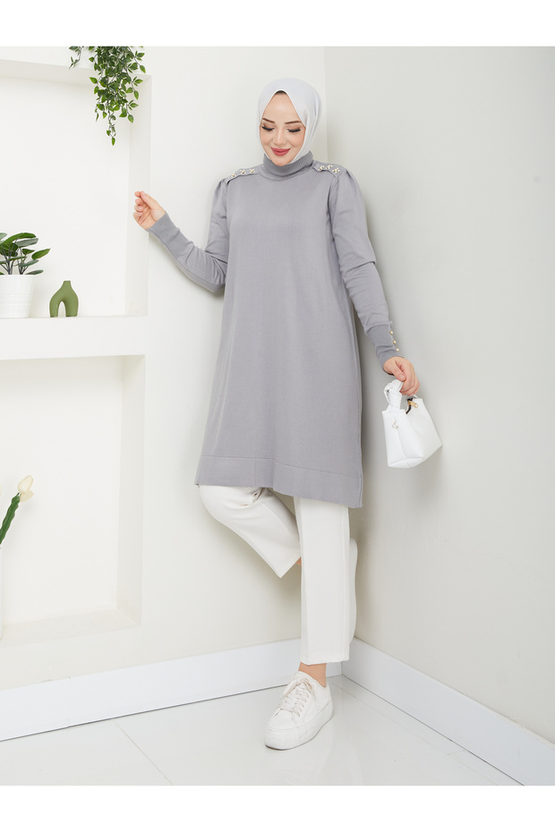 Harika Boncuk Detaylı Merserize Tüylenmez Şık Tunik - 7