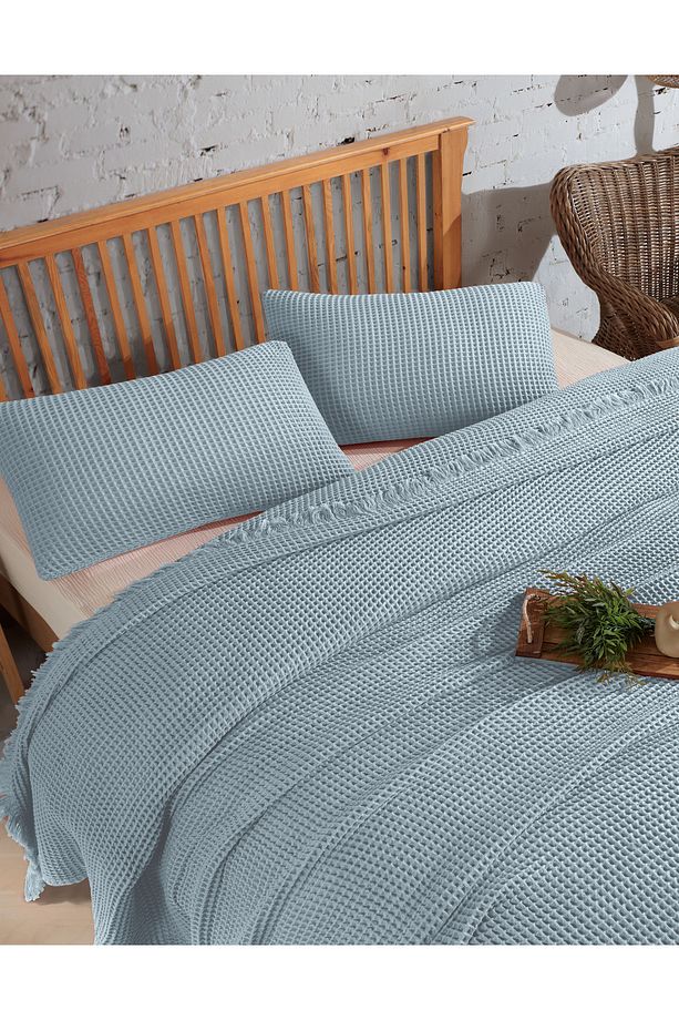 %100 Pamuk Tek Kişilik 160x240cm Waffle Yatak Örtüsü/1 Adet 50x70cm Yastık - 2
