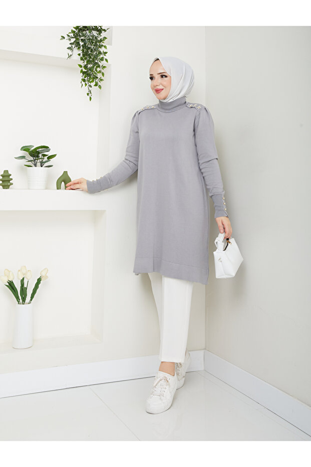 Harika Boncuk Detaylı Merserize Tüylenmez Şık Tunik - 1