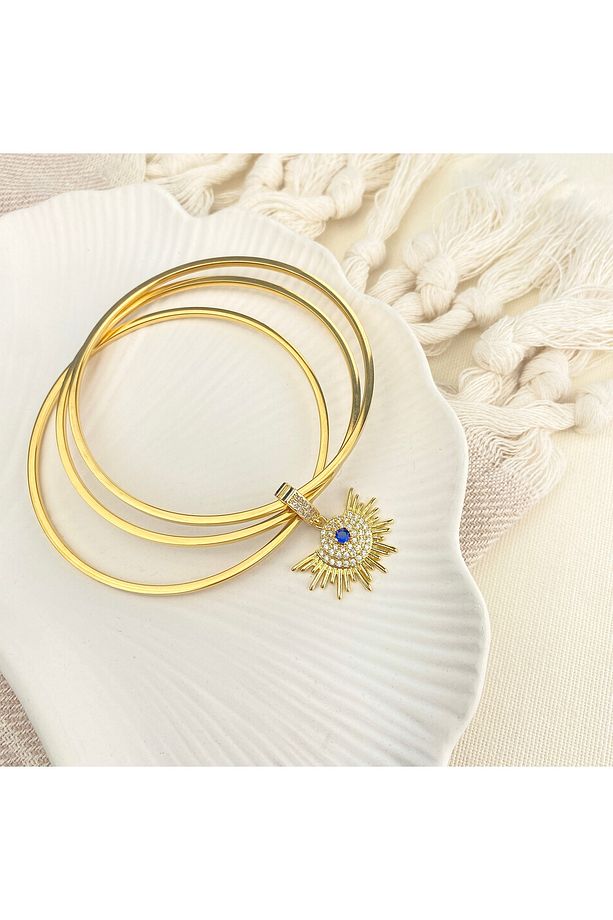 Çelik Ajda Bilezik Charmlı Ajda Bilezik 3lü Zirkon Taşlı Güneş Model Gold - 4