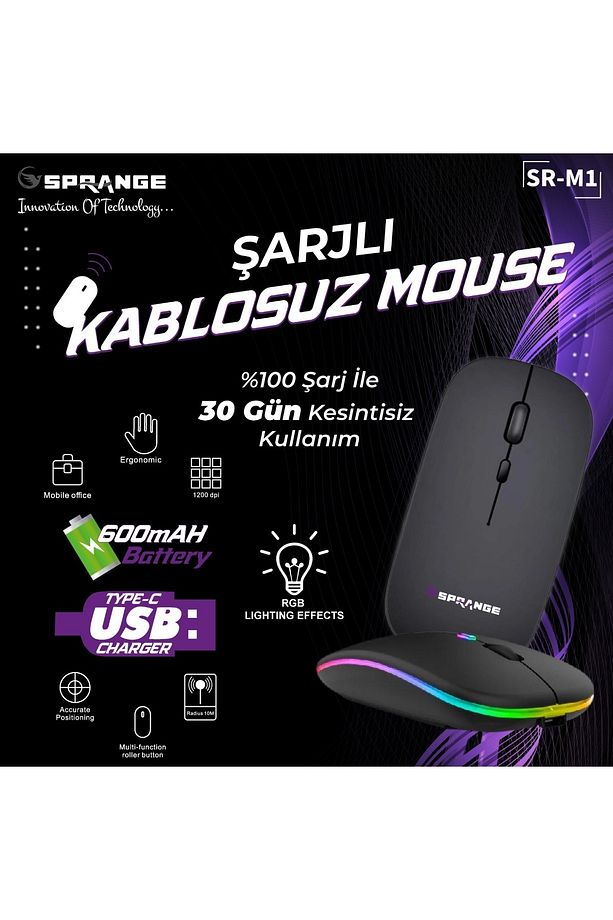 SR-M1 Wireless Şarjlı Kablosuz Mouse Bluetooth TYPE-C 500mAh Led Light 800/1200/1600dpi - 2