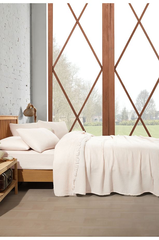 %100 Pamuk Tek Kişilik 160x240cm Waffle Yatak Örtüsü/1 Adet 50x70cm Yastık - 3