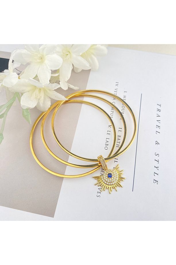 Çelik Ajda Bilezik Charmlı Ajda Bilezik 3lü Zirkon Taşlı Güneş Model Gold - 2