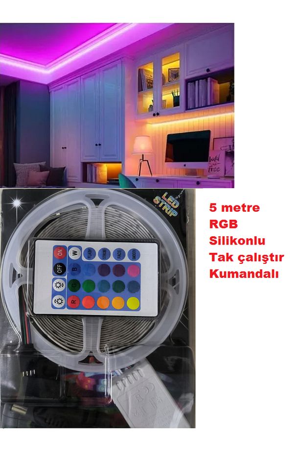 Rgb şerit led seti (tak Çalıştır. ) uzaktan kumandalı 5mt su geçirmez (SLİKON) - 1
