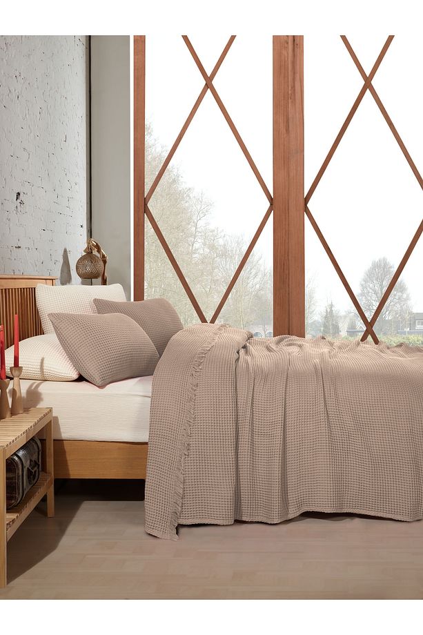 %100 Pamuk Waffle Tek Kişilik Yatak Örtüsü 160x240cm/1 Adet 50x70cm Yastık - 4