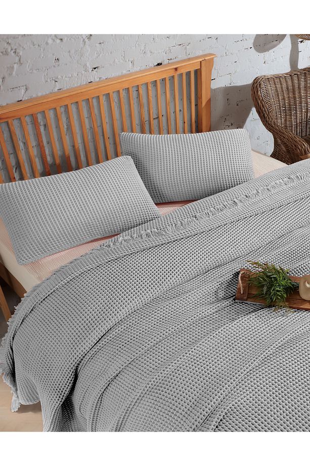 %100 Pamuk Tek Kişilik 160x240cm Waffle Yatak Örtüsü/1 Adet 50x70cm Yastık - 2