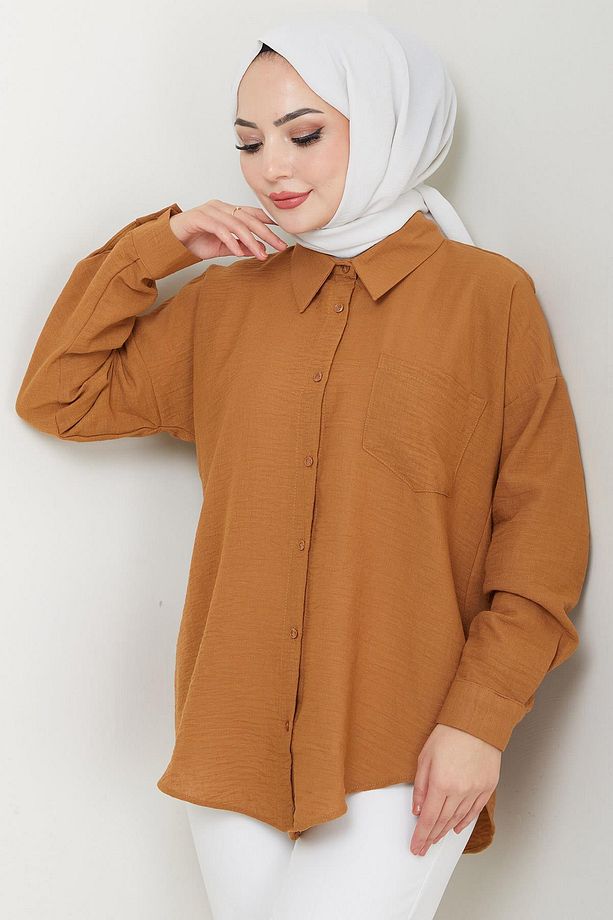 Tek Cepli Uzun Kol Oversize Keten Gömlek Taba HM2651 - 5